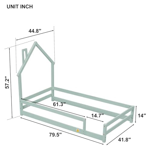 Montessori Twin Floor Bed with House-Shaped Headboard and Fence Guardrails