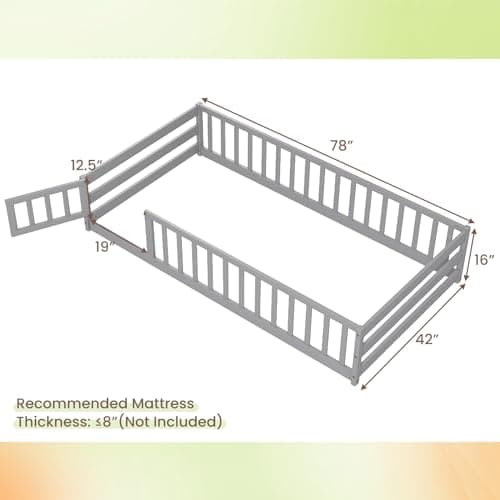 Giantex Safety Floor Bed Twin with Door & Fence (Grey)