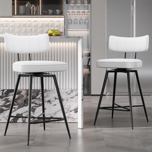 26 Inch White Leather Swivel Bar Stools with Back, Kitchen Counter Set of 2
