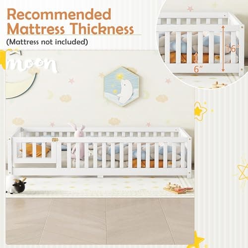 Montessori Twin Size Floor Bed with Door and Guardrail, White Wood Playhouse Bed