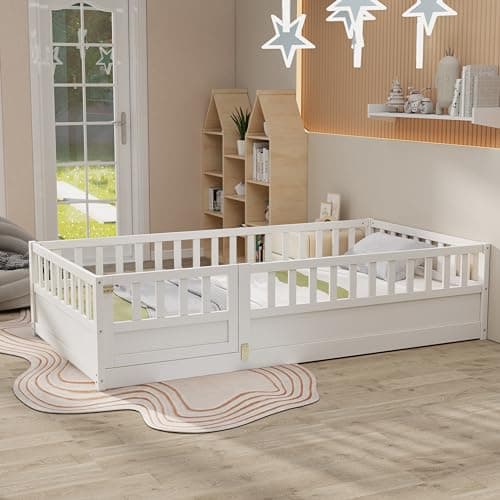 Montessori Twin Floor Bed with Fence & Open Door, High Guardrails &Wood Baffle Design,Natural