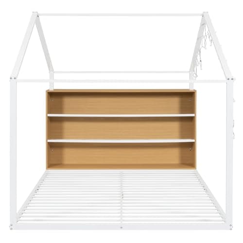 i-POOK Metal House-Shaped Full Size Bed Frame with Lights & Shelves, White