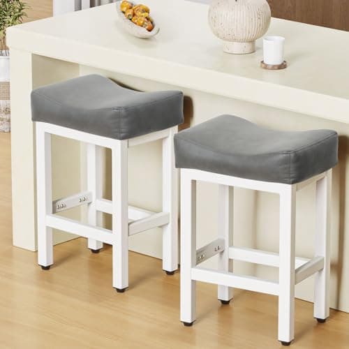 24 Inch Bonded Leather Bar Stools Set, Gray/White, Kitchen Island Counter Height