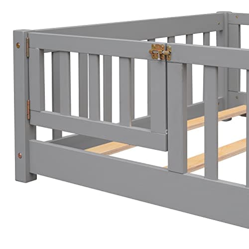Grey Twin Size Montessori Bed Frame with Fence & Door, Easy Assemble