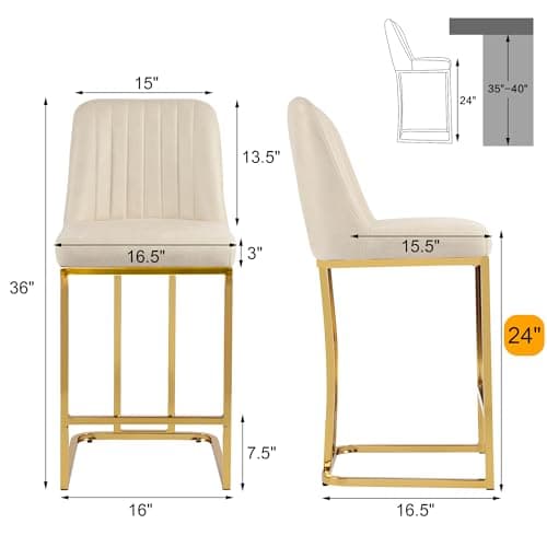 LSSBOUGHT Gold Metal Counter Height Bar Stools Set of 4, Beige Padded Leathaire Back