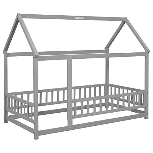 Gray Twin Montessori Floor Bed with Roof & Fence, Easy Assemble No Box Spring Needed