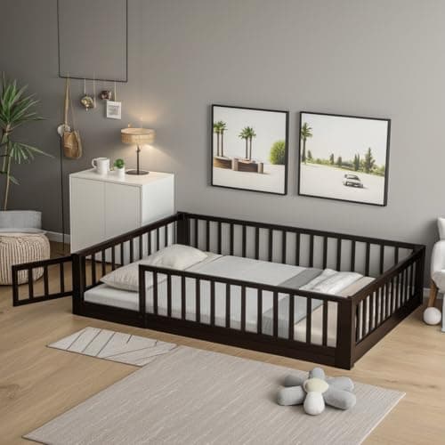 Montessori Twin Size Floor Bed Frame for Kids with Safety Guardrails, White