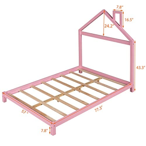 i-POOK Montessori Full Size Wooden Platform Bed with Pink House-Shaped Headboard