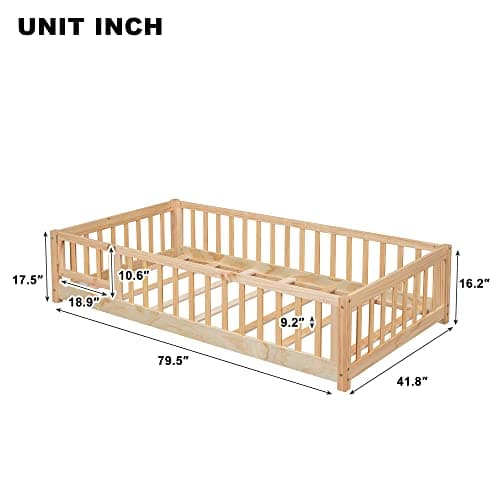 Bellemave Twin Size Floor Bed with Door & Safety Guardrails for Kids