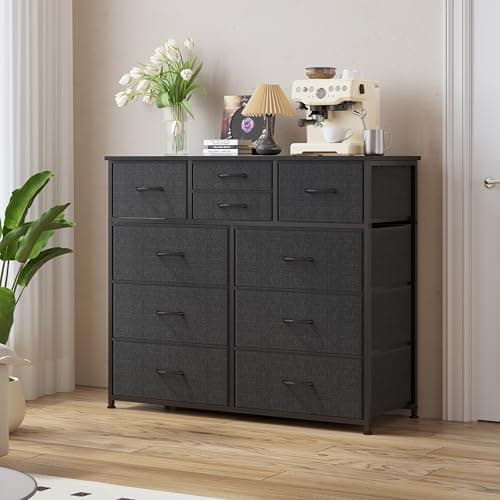 LUMTOK 10-Drawer Fabric Dresser, Steel Frame, Wood Top (Grey)