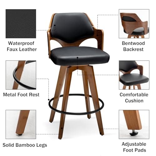 Black PU Upholstered Bamboo Leg Bar Stools Set of 2 Counter Height