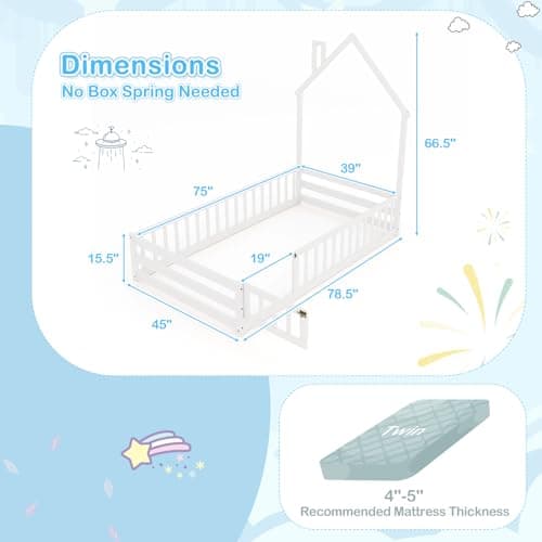 GORELAX White Montessori Floor Bed, Twin Size with Fence