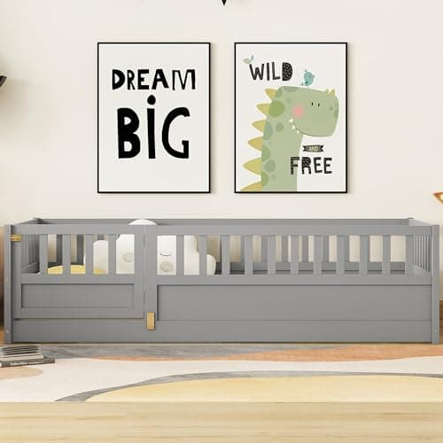 Montessori Twin Size Floor Bed with High Fence & Door (Gray)