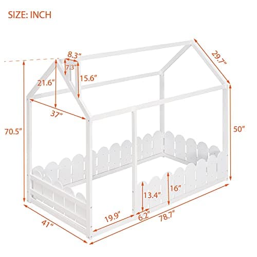 Harper & Bright Twin Montessori Floor Bed with Fence Rails (White)