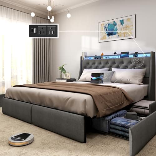 SADENICEL Full Size Bed Frame with Storage and LED Light, Charging Station, Grey