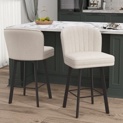 2-Piece Beige Fabric Bar Stool Set, Modern Swivel Bar Chairs