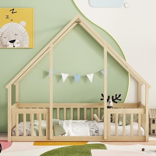 Twin Size Montessori Floor Bed with Fence, Natural Solid Wood Frame