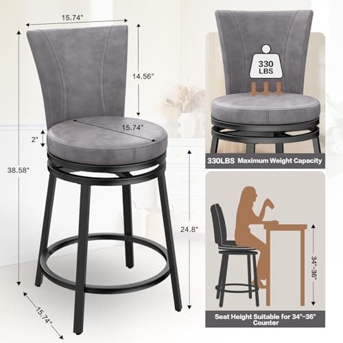 Grey Faux Leather Swivel Bar Stools, 24.5" Metal Counter Height Chairs