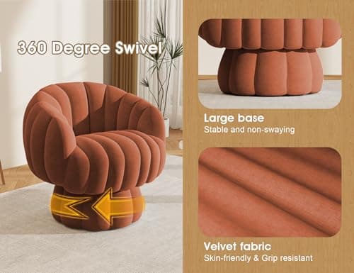 Mid Century Modern Fluffy Velvet Burnt Orange Swivel Reading Chair