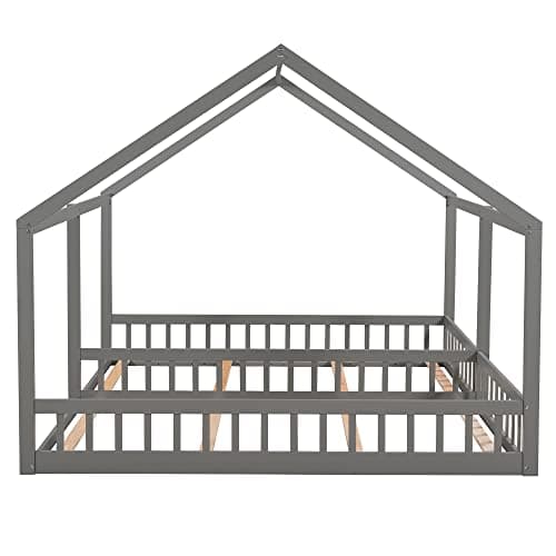 P PURLOVE Double Twin Bed for 2 Kids with Fence, Gray