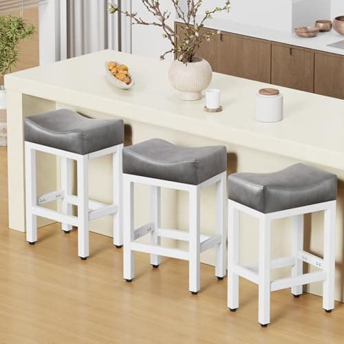 24 Inch Bonded Leather Bar Stools Set, Gray/White, Kitchen Island Counter Height
