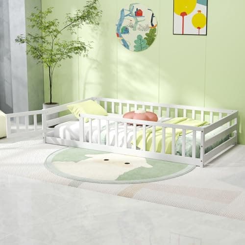 KOMFOTT Grey Twin Size Wooden Montessori Floor Bed with Safety Guardrails & Door