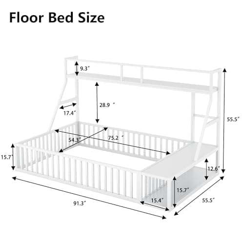Full Size Kids' Safety Fence Floor Bed with Desk & Storage, Off White