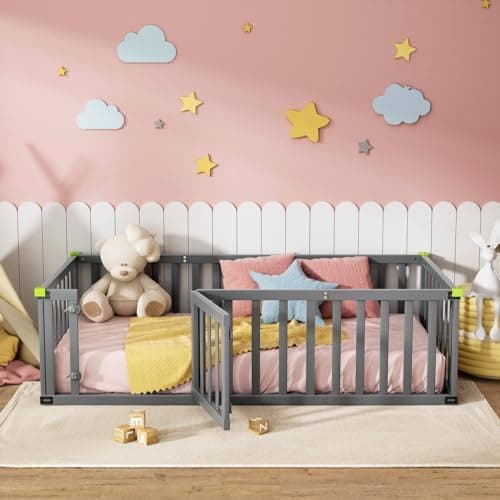 ROOMTEC Montessori Twin Beds with Safety Fence & Convertible Door, Grey