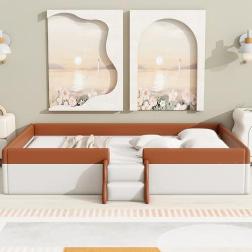 Montessori Queen Size Floor Bed for Kids (Brown+White)