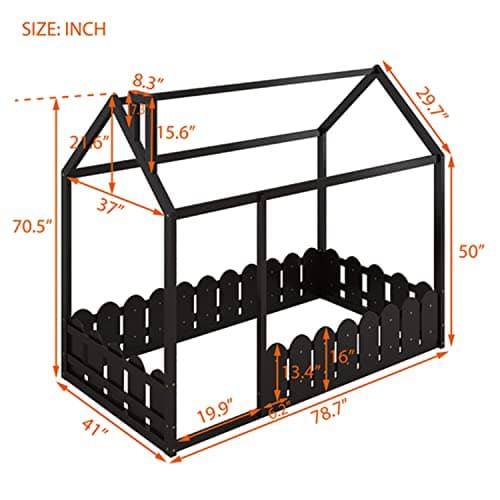Wood House Bed Frame with Fence, Roof, and Full-Length Guardrail, for Children and Teens