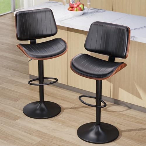Bentwood Back Bar Stools, Black Leather Seat, Kitchen Island Set of 2