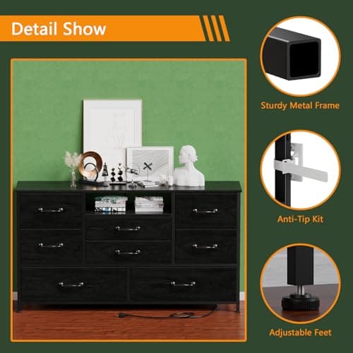 Furnulem Black Oak TV Stand with Power Outlet for 55" TVs
