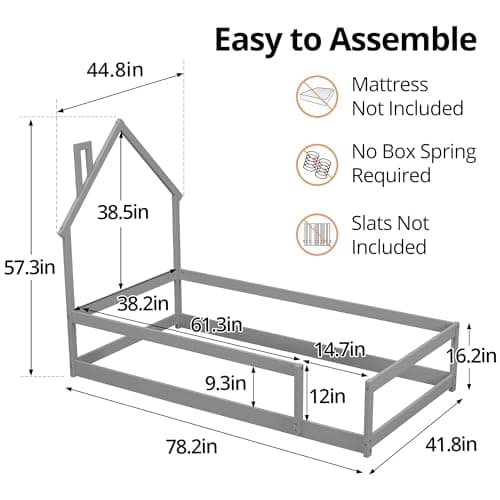 Modern Twin Size House Floor Bed - Solid Wood Montessori Bed for Children, Boys, Girls (Grey)
