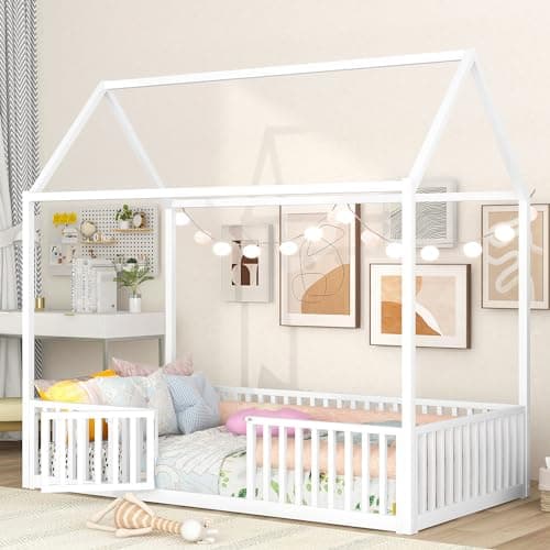 Bellemave Full-Size Metal Floor Bed with Door & Roof in White