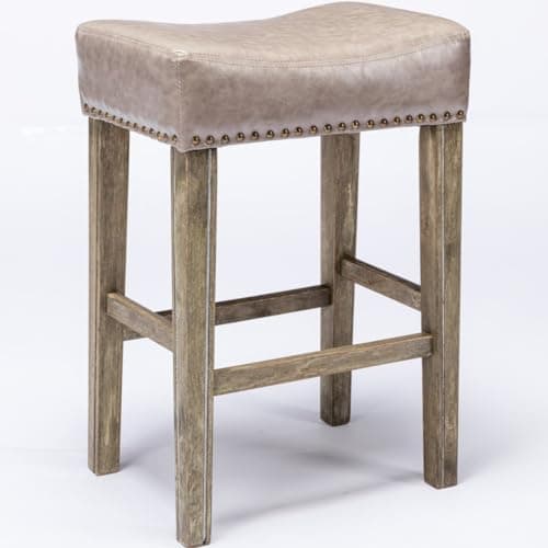 Set of 2 Counter Height Bar Stools, Solid Wood Legs, Faux Leather Cushion, Gray