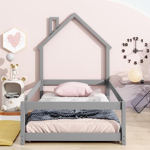 Modern Twin Size House Floor Bed - Solid Wood Montessori Bed for Children, Boys, Girls (Grey)