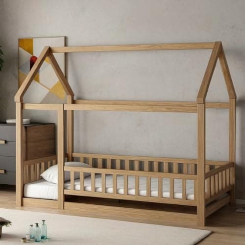 Montessori Twin Size Floor Bed with Roof & Fence Guardrails for Boys Girls Bedroom