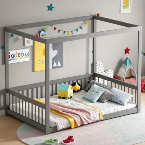 Montessori Safety-Fenced Floor Bed for Girls & Boys, No Box Spring Needed,Natural
