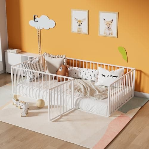 Montessori Safety Floor Bed Frame for Kids, Black No Box Spring Needed