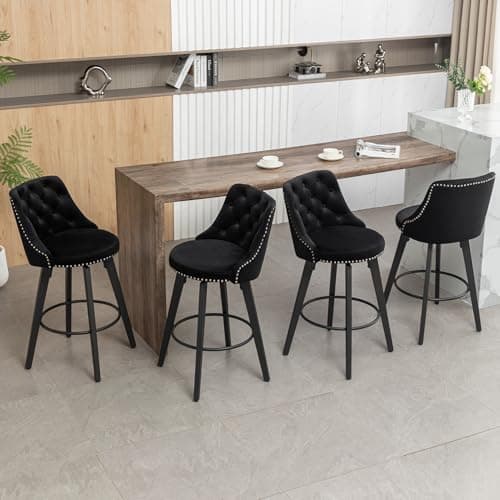 Beige Velvet Button Back Bar Stool Set, 4 Pack for Kitchen Island