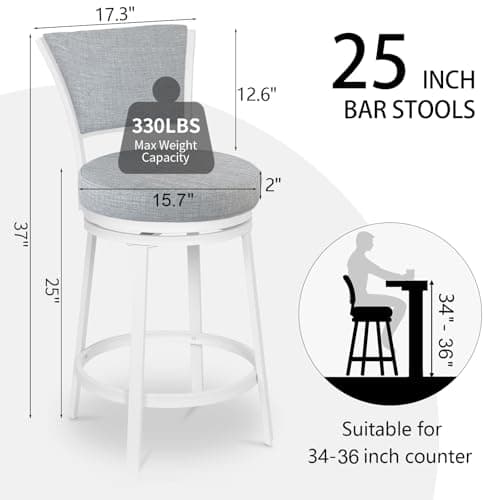Modern Grey & White Linen Counter Height Bar Stool Set, 25 Inch Swivel Chairs