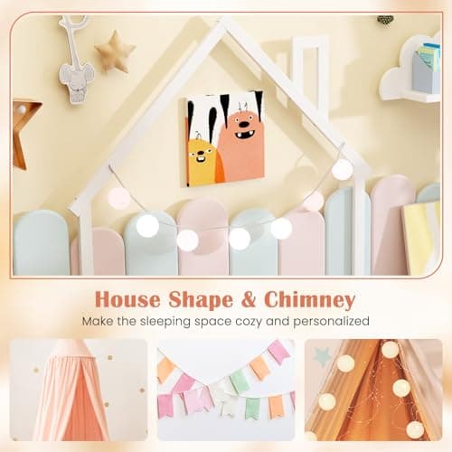 Giantex White Wood Floor Bed for Kids with Chimney Headboard & Handrail