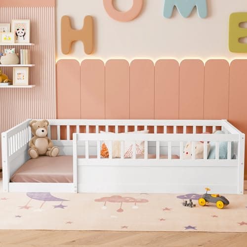 Montessori Ball & Cast Full Floor Bed Frame with Fence, White, No Box Spring Needed