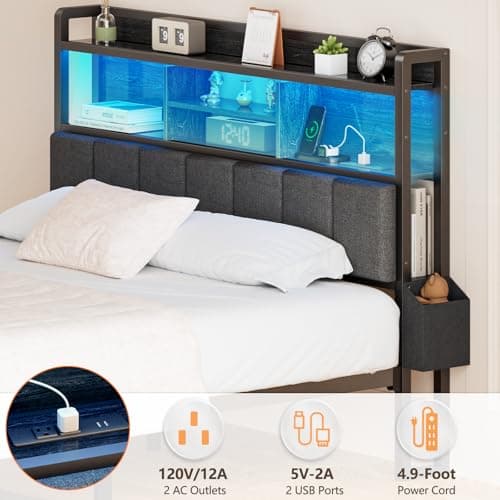 Furnulem Full Size Bed Frame with Storage & Charging, LED Lights, Black