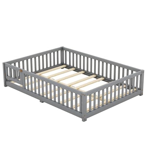 Gray Montessori Floor Bed with Slats and Center Support Bar