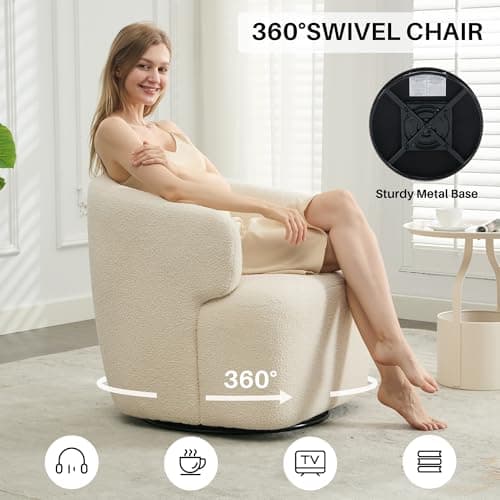 Sherpa Teddy Swivel Chair, Beige Cream White, Cozy Living Room Accent