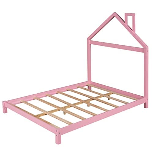i-POOK Montessori Full Size Wooden Platform Bed with Pink House-Shaped Headboard