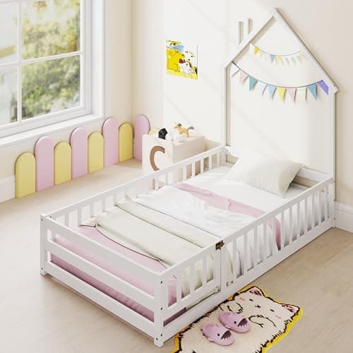 GORELAX White Montessori Floor Bed, Twin Size with Fence