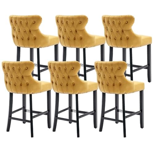 i-POOK Set of 4 Black Velvet Counter Height Bar Stools with Solid Wood Legs and Wing-Back Design