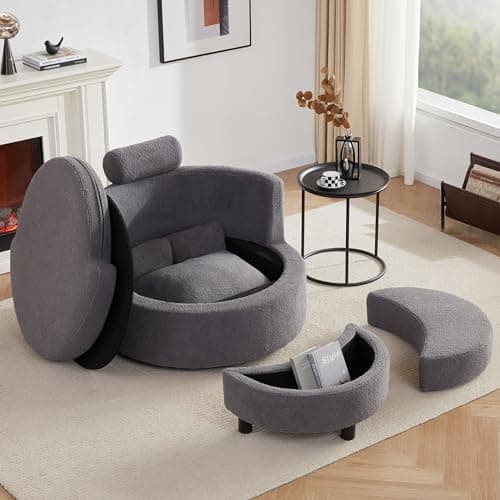 Modern Grey Swivel Chair with Half Moon Storage Ottoman & 3 Pillows for Living Room